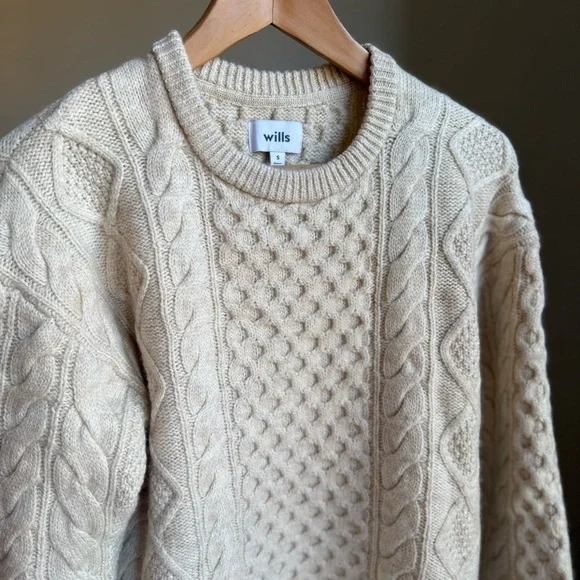 Wills 100% Wool Sweater Size S Cream Beige Cable Knit Men’s - Picture 6 of 15